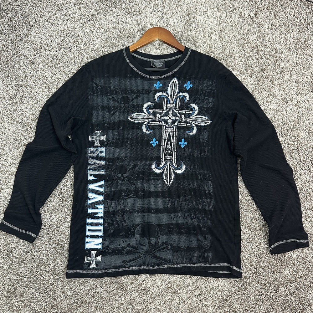 Y2k No Boundaries Black Longsleeve Skull Cross Wings Thermal Size Large Angel
